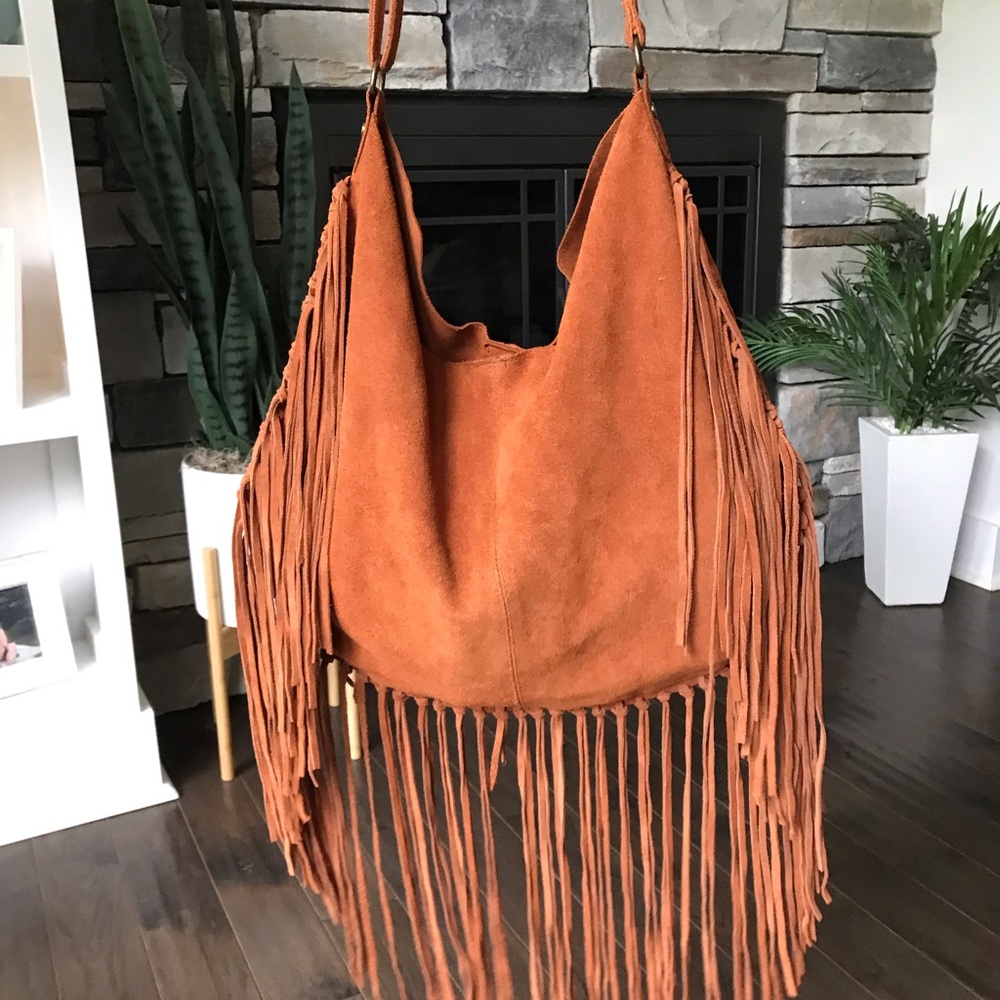T-Shirt & Jeans Suede Leather Fringe Hobo Purse, Boho Festival Western